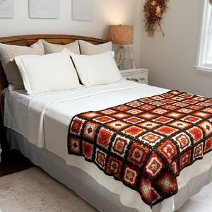 Vintage 70’s Handmade Crocheted Granny Square Throw Blanket